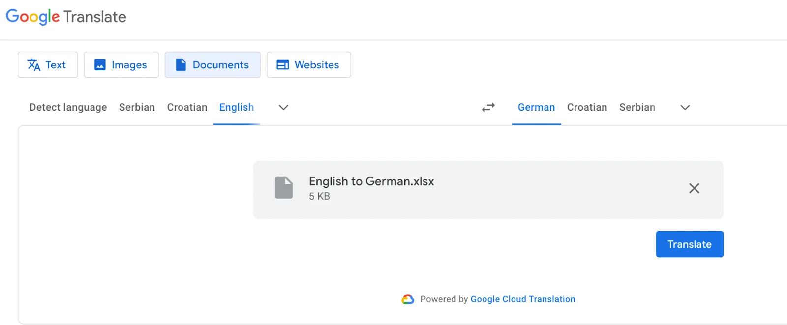English to German Excel file translations