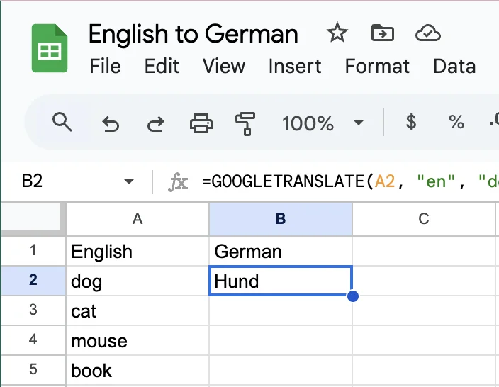 English to German Excel translation