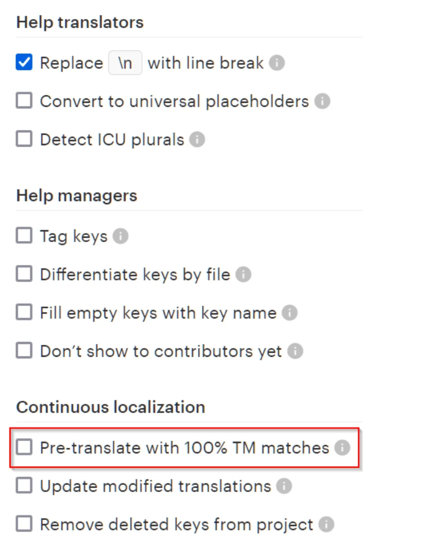 Enabling pre-translate with 100% TM matches