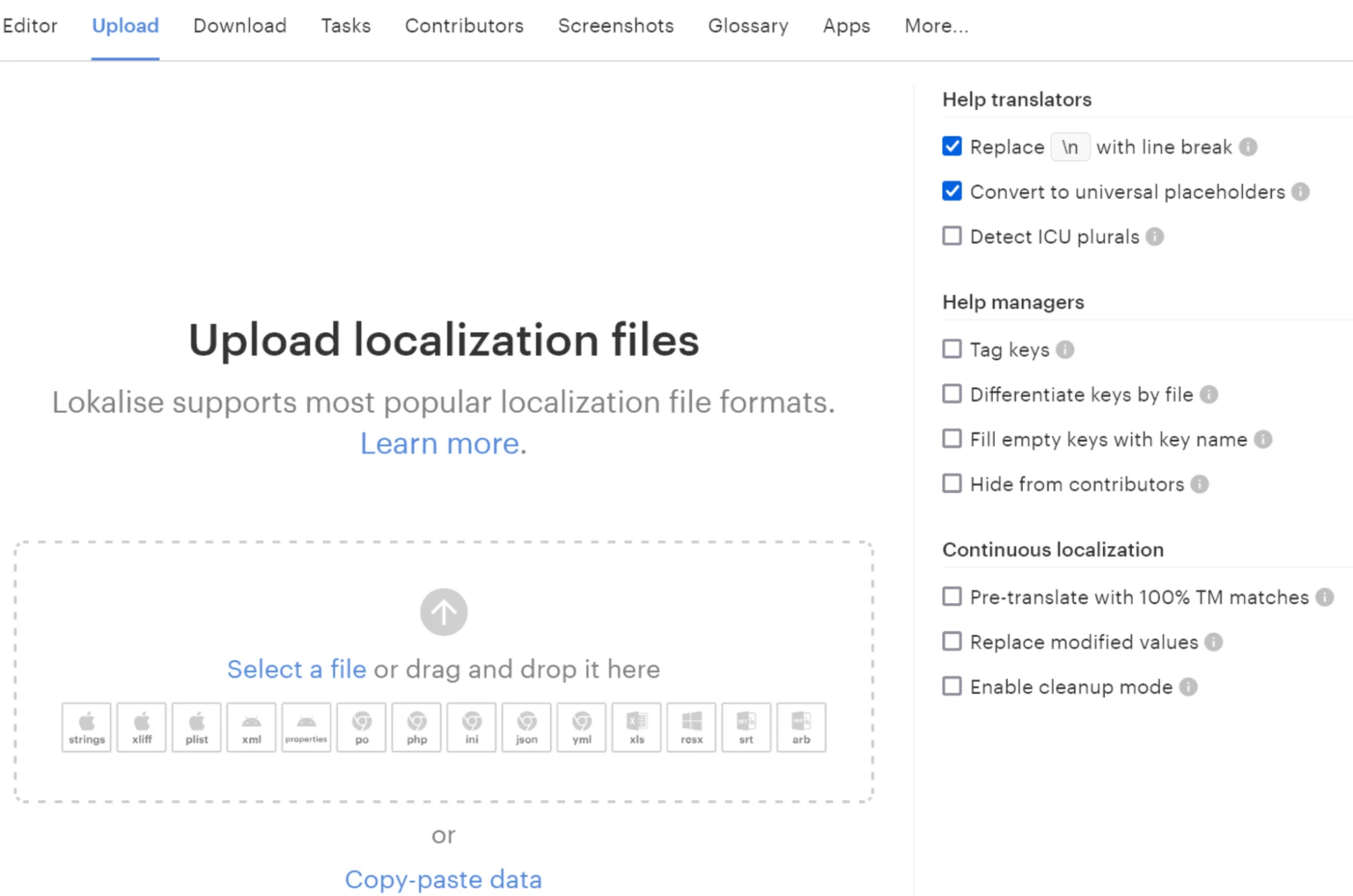 Uploading localization files in Lokalise