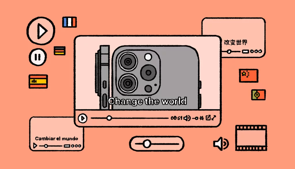 Translated subtitles in three languages illustrated graphic