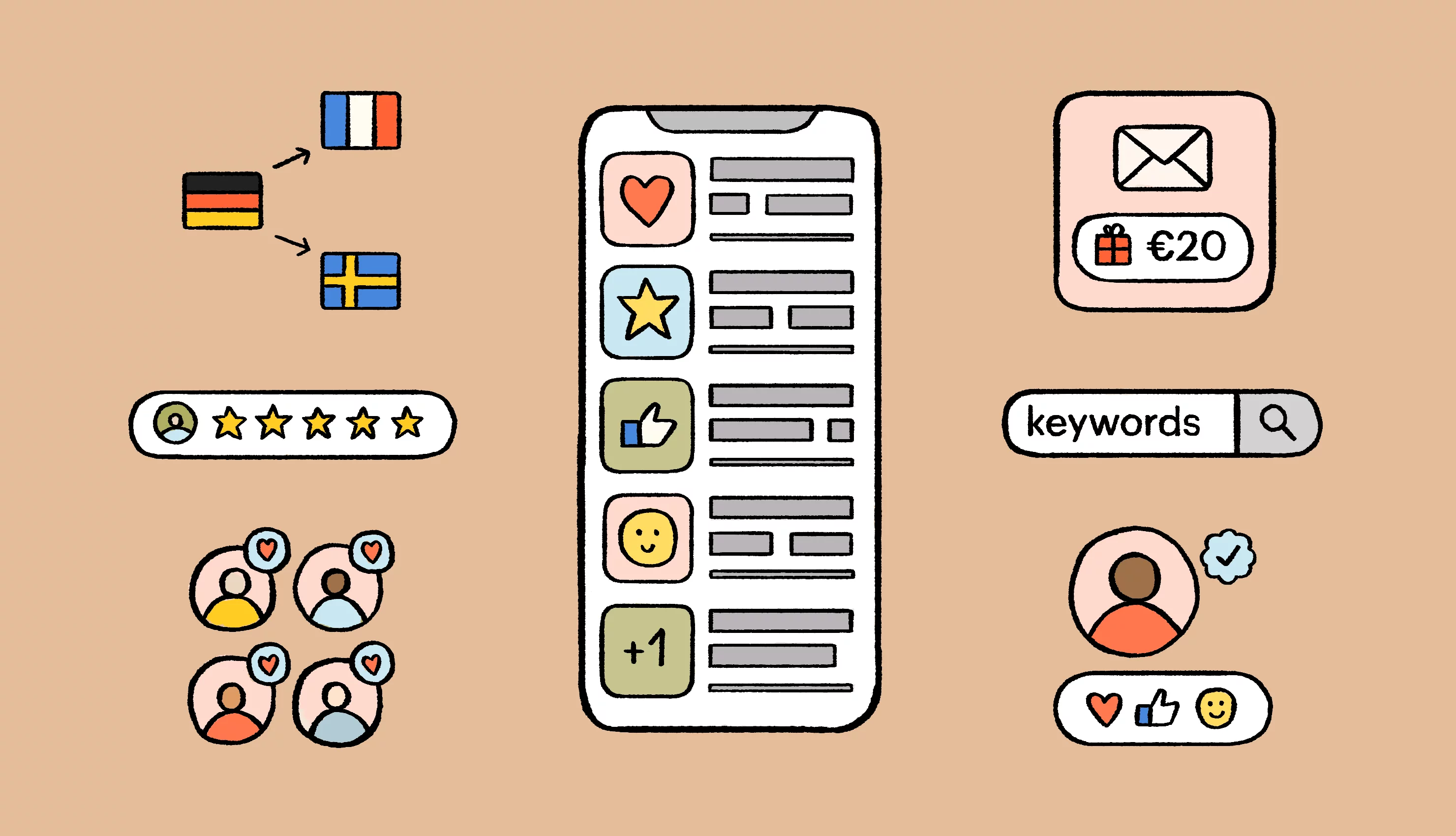Illustration of app translated to different languages.