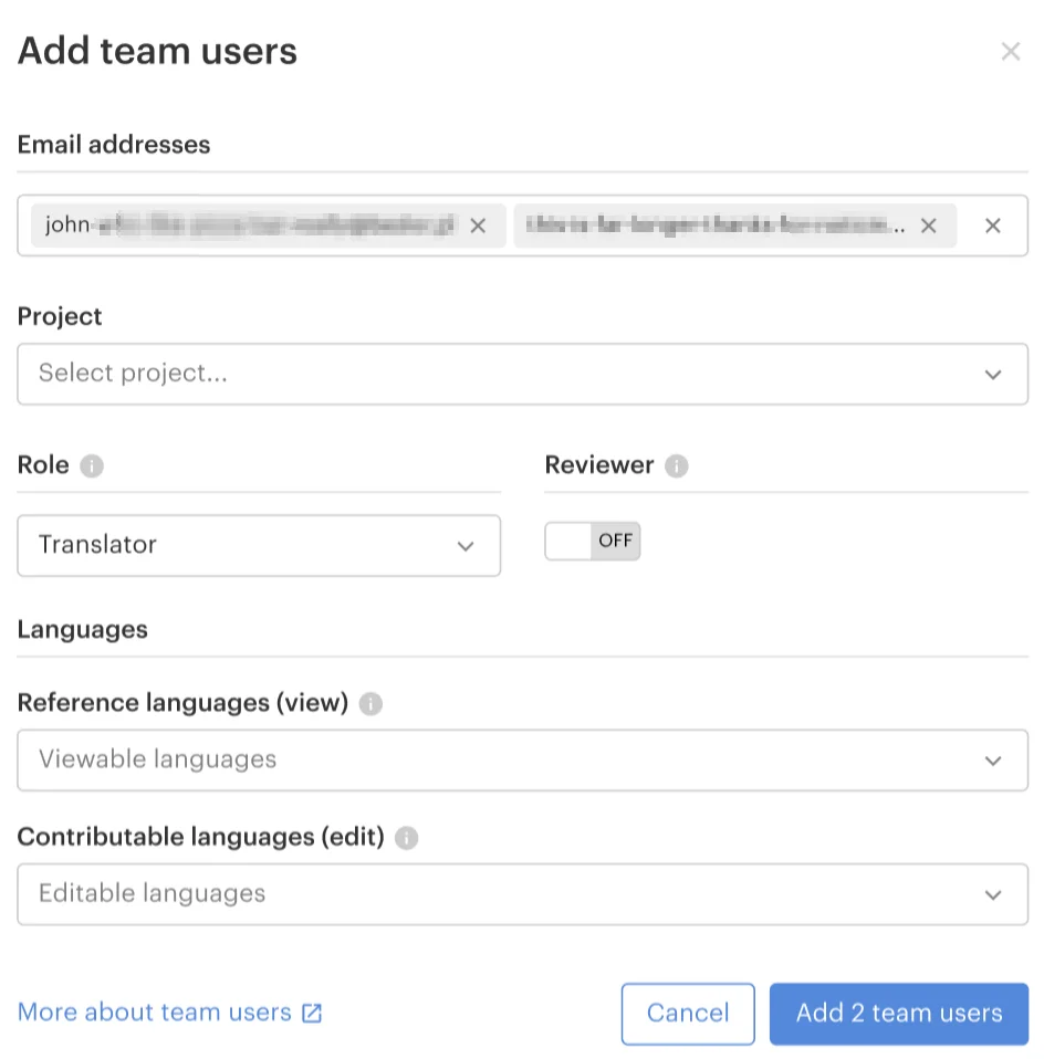 Adding team users in Lokalise