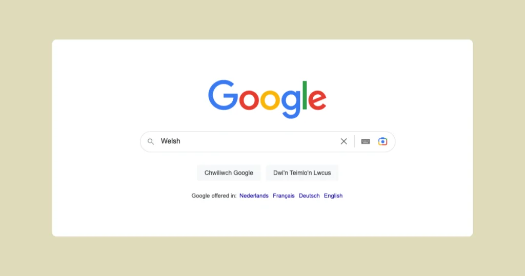 The Google homepage displayed in lesser-known language Welsh.