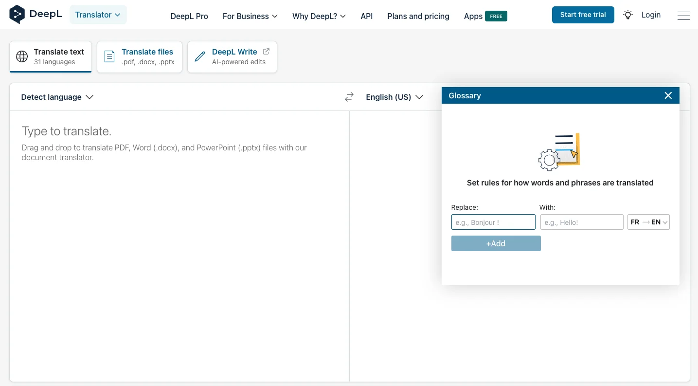 Screenshot of the DeepL Translator tool, showing a text field with the prompt "Type to translate" and a list of languages to translate from and to. The selected languages are English and German. The text field is empty.