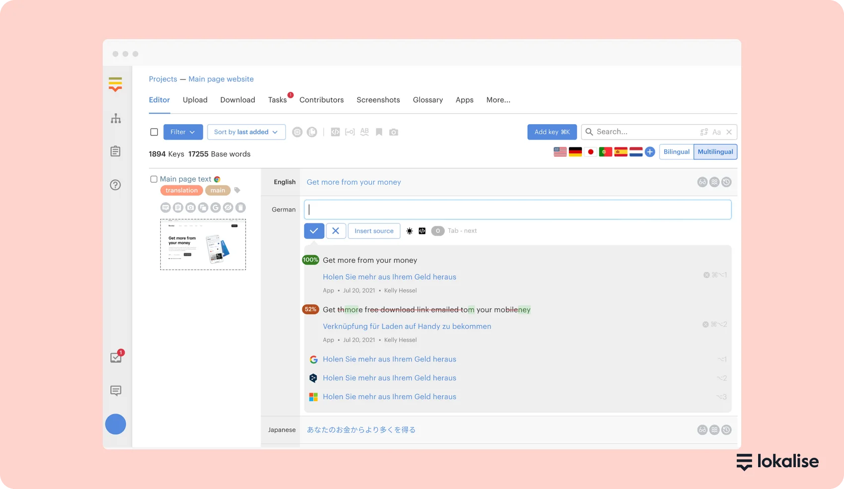 A screenshot of the Lokalise project dashboard