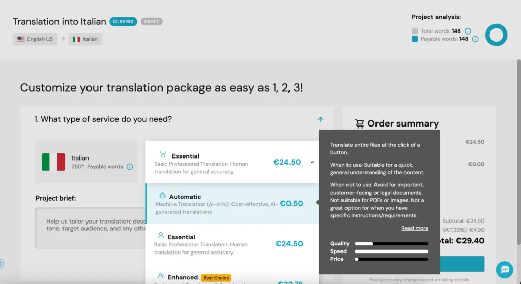 Setting a project in Taia, AI translation tool