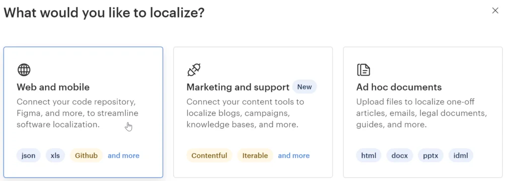 Choose Web and mobile project type on Lokalise to get started with Flutter localization