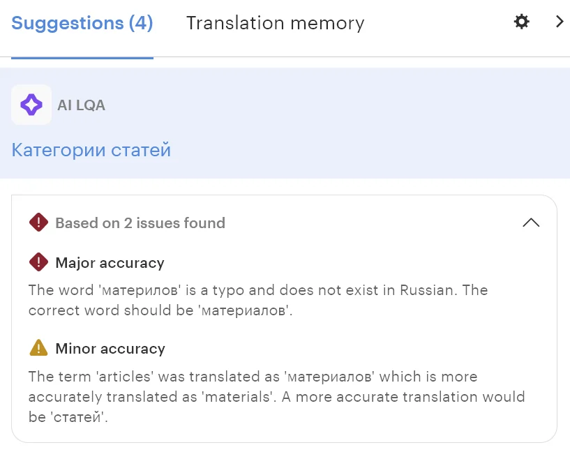 Suggested corrections in Lokalise AI