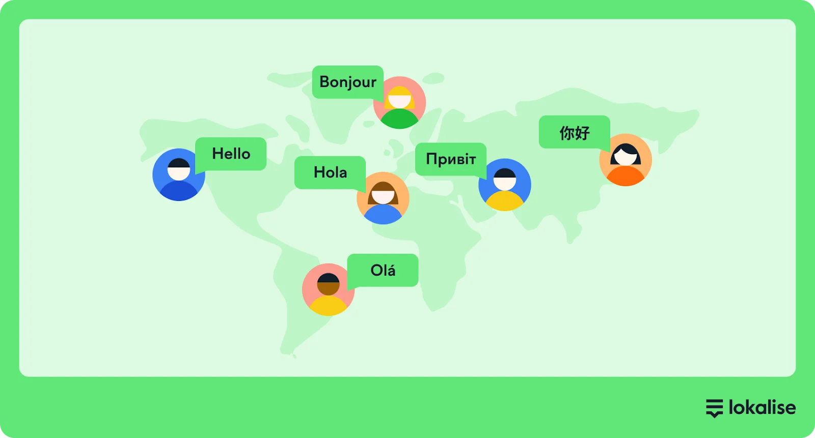 A map with icons saying hello in their own language.