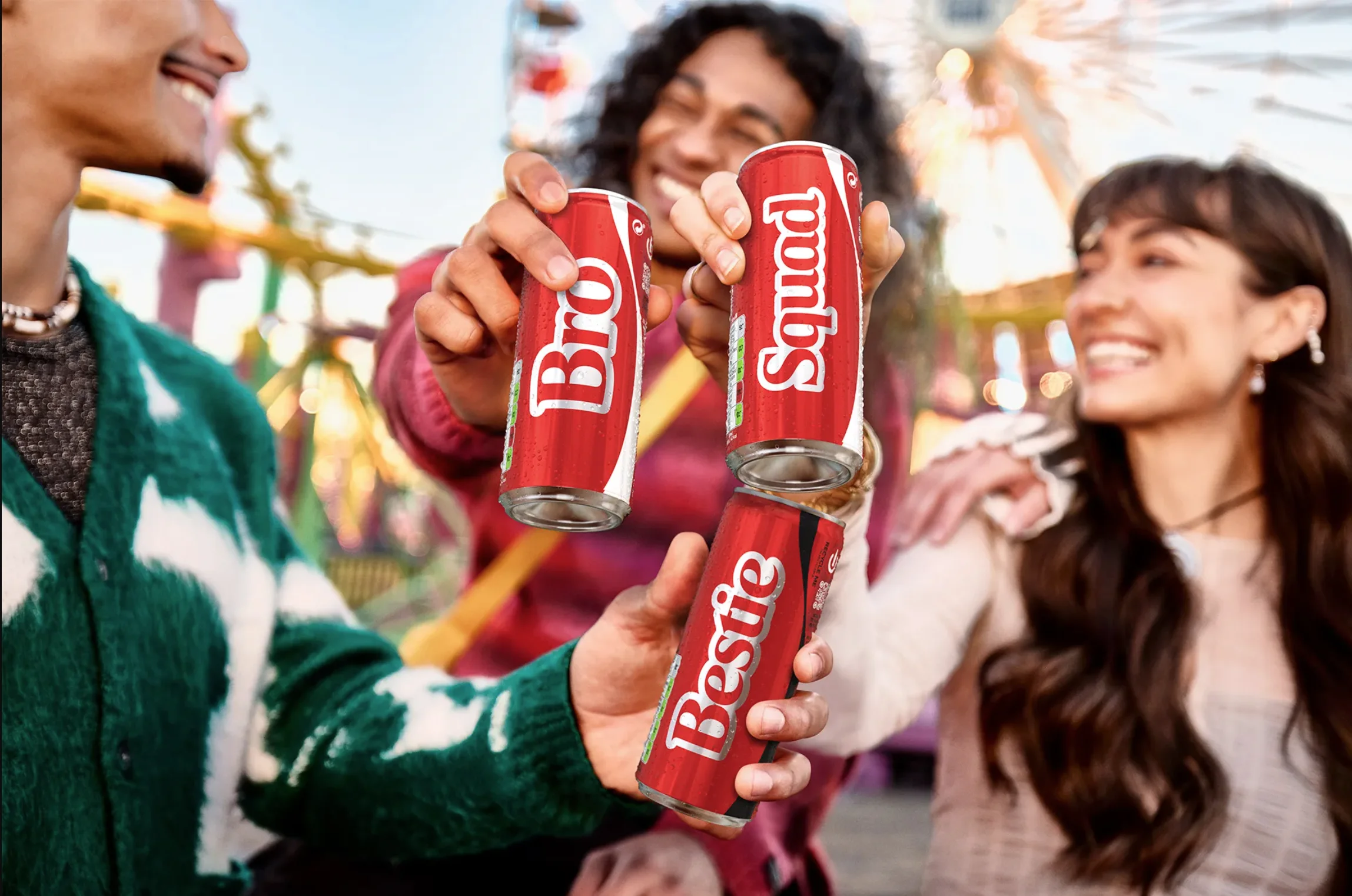 Coca Cola's "Share a coke" campaign" launched first in 2011 and again in 2025. Three people holding a coke can with the words "Bro", "Squad" and "Bestie" on them. Their localization strategy was to adjust the terms on the product based on the market where it would be sold.