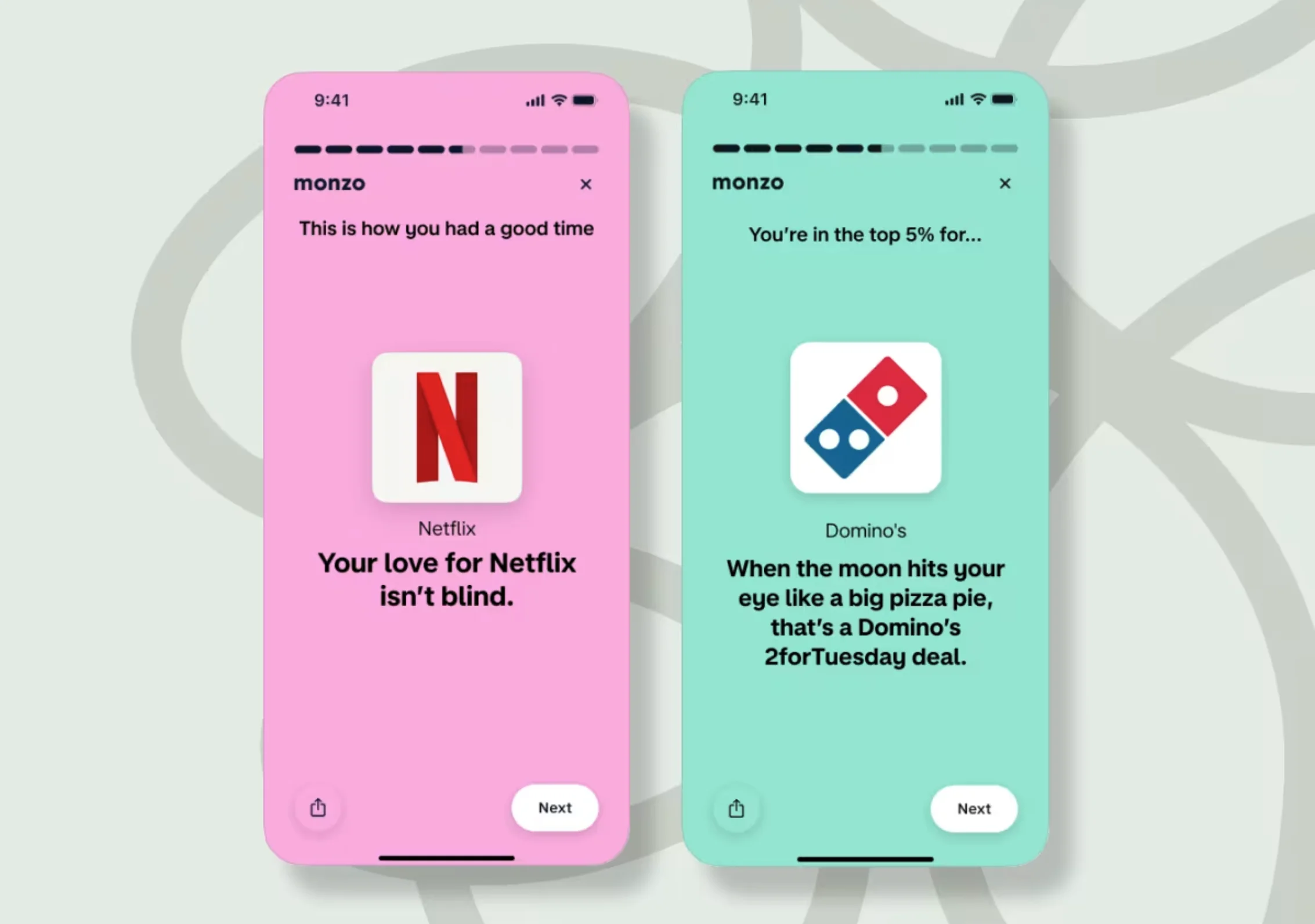 Monzo's 2023 "Year in Monzo" campaign. Two phone screenshots with "This is how you had a good time" at the top of the screen and the logo of Netflix and the caption "Your love for Netflix isn't blind." and the other screen says "You're in the top 5% for..." followed by the logo of Domino's and the caption "When the moon hits your eye like a big pizza pie, that's a Domino's 2forTuesday deal."