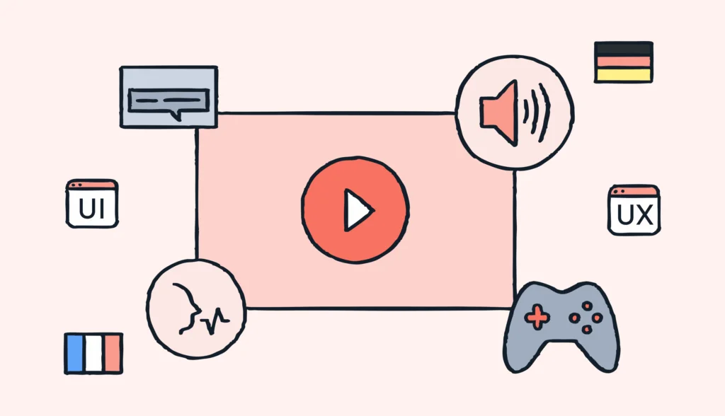 A Lokalise style icons showing a videogame controller, country flags, sounds and UX icon