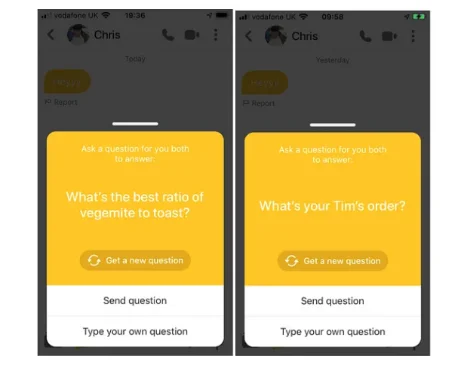 Smartphone screens showing different icebreaker questions on Bumble based on the country
