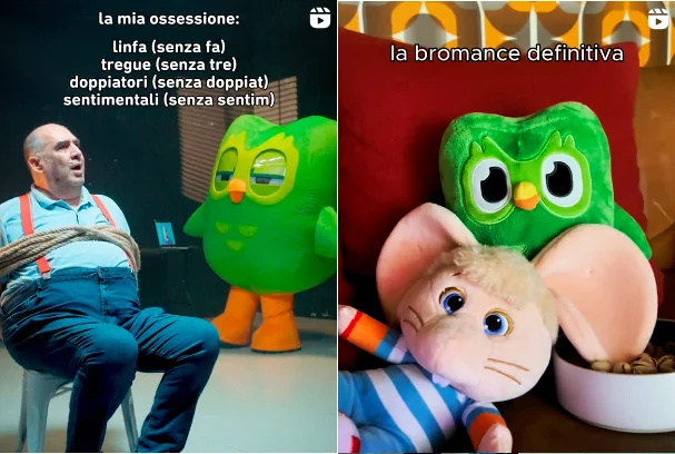 Screenshots showing Duolingo's Instagram posts about Pietro Ubaldi and Topo Gigio