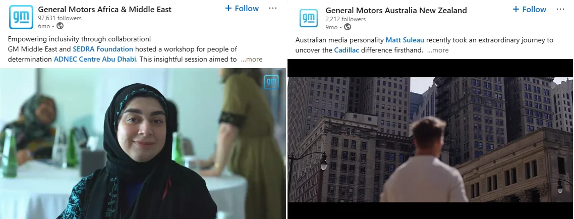 Screenshots showing the difference between General Motors' LinkedIn posts for Africa/Middle East and Australia/New Zealand