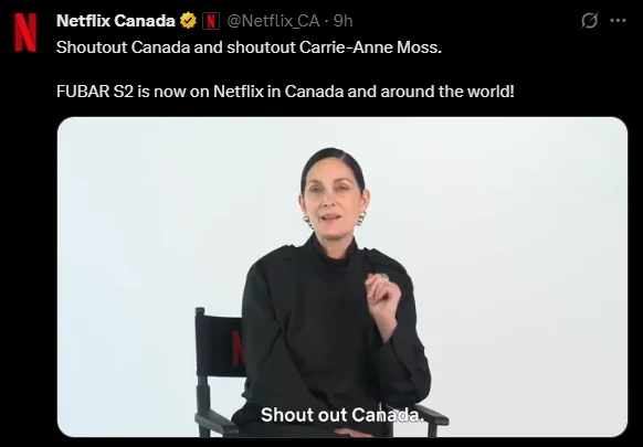 Screenshot of a post from Netflix Canada on X showing a collaboration with the Canadian actress Carrie-Ann Moss