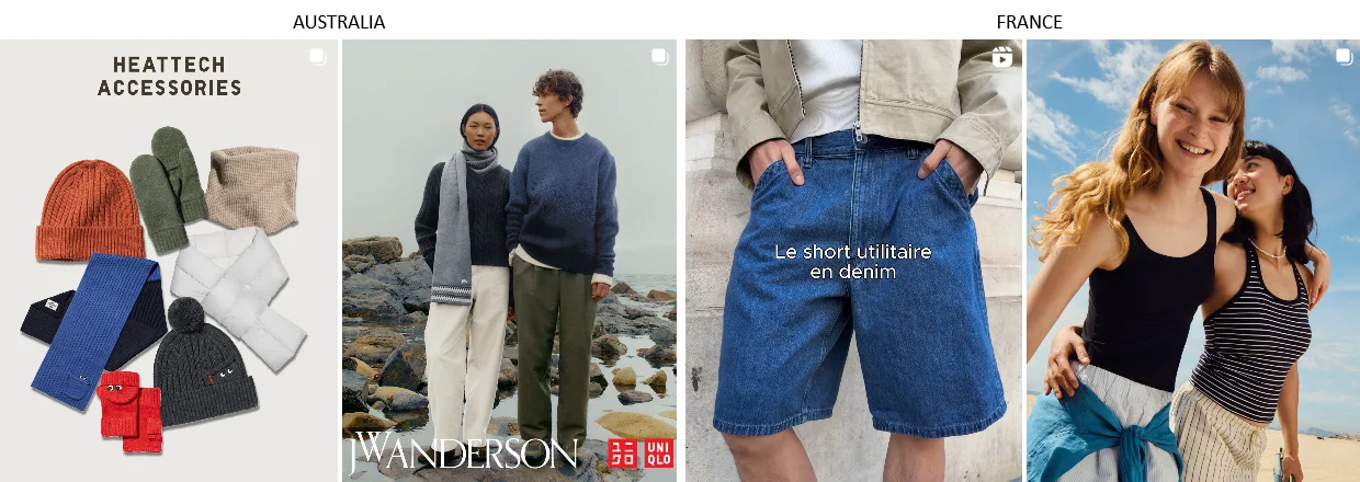 Screenshots showing the difference between Uniqlo's Instagram posts for Australia and France