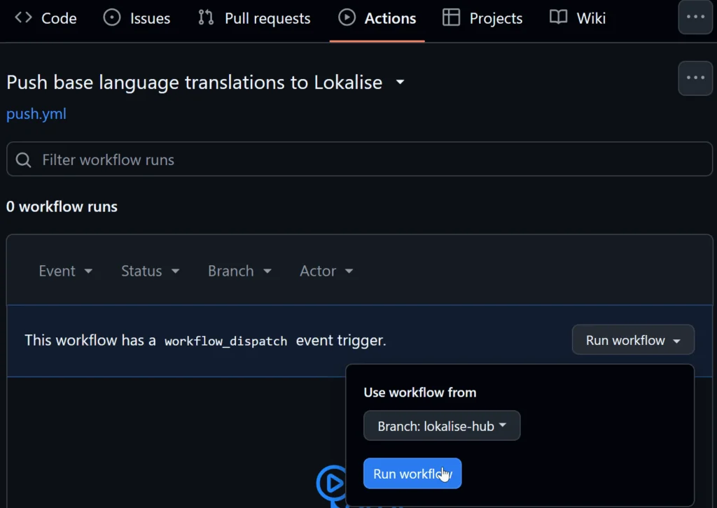 Running the push action on GitHub