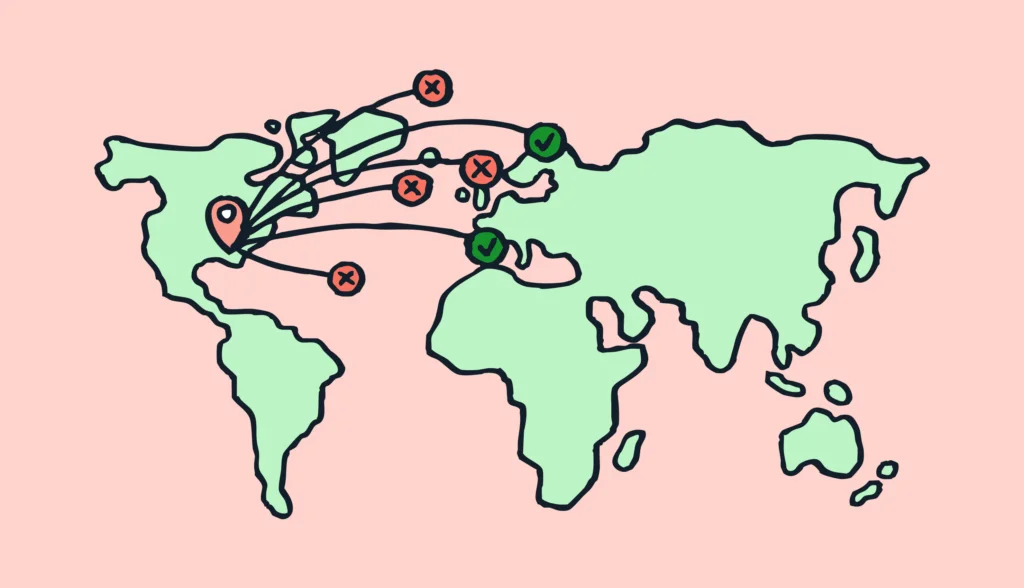 World map showing routes representing global expansion success and failure