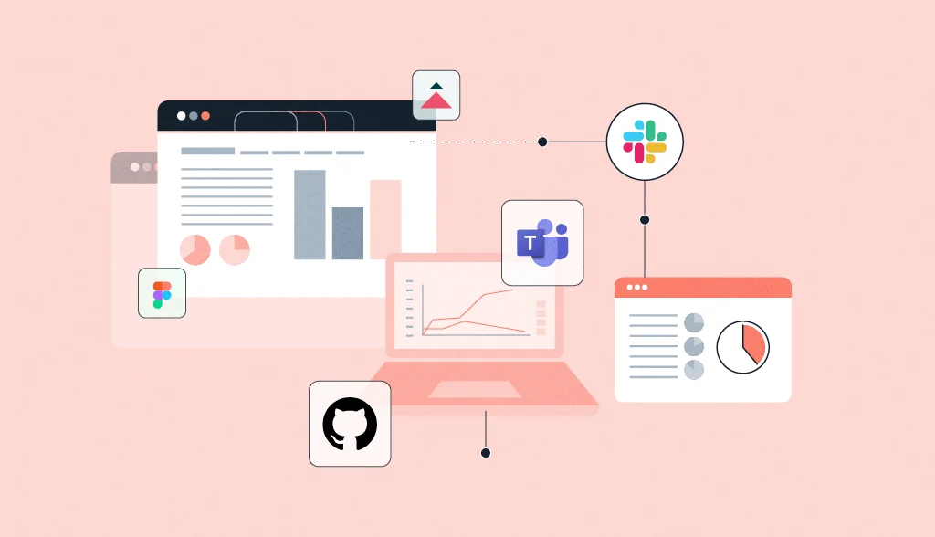 Illustration of workplace collaboration tools and platforms connecting through dashboards and apps.