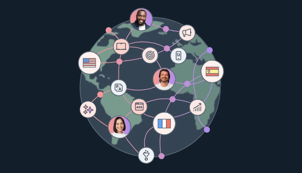 A globe with various flags, communication tools, humans, representing global marketing.