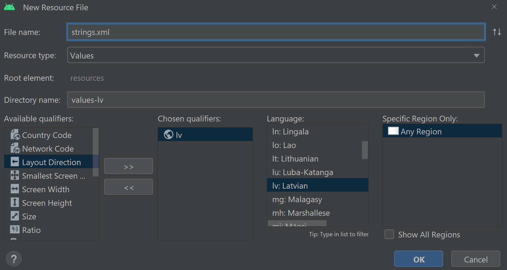 Add new resource in Android Studio