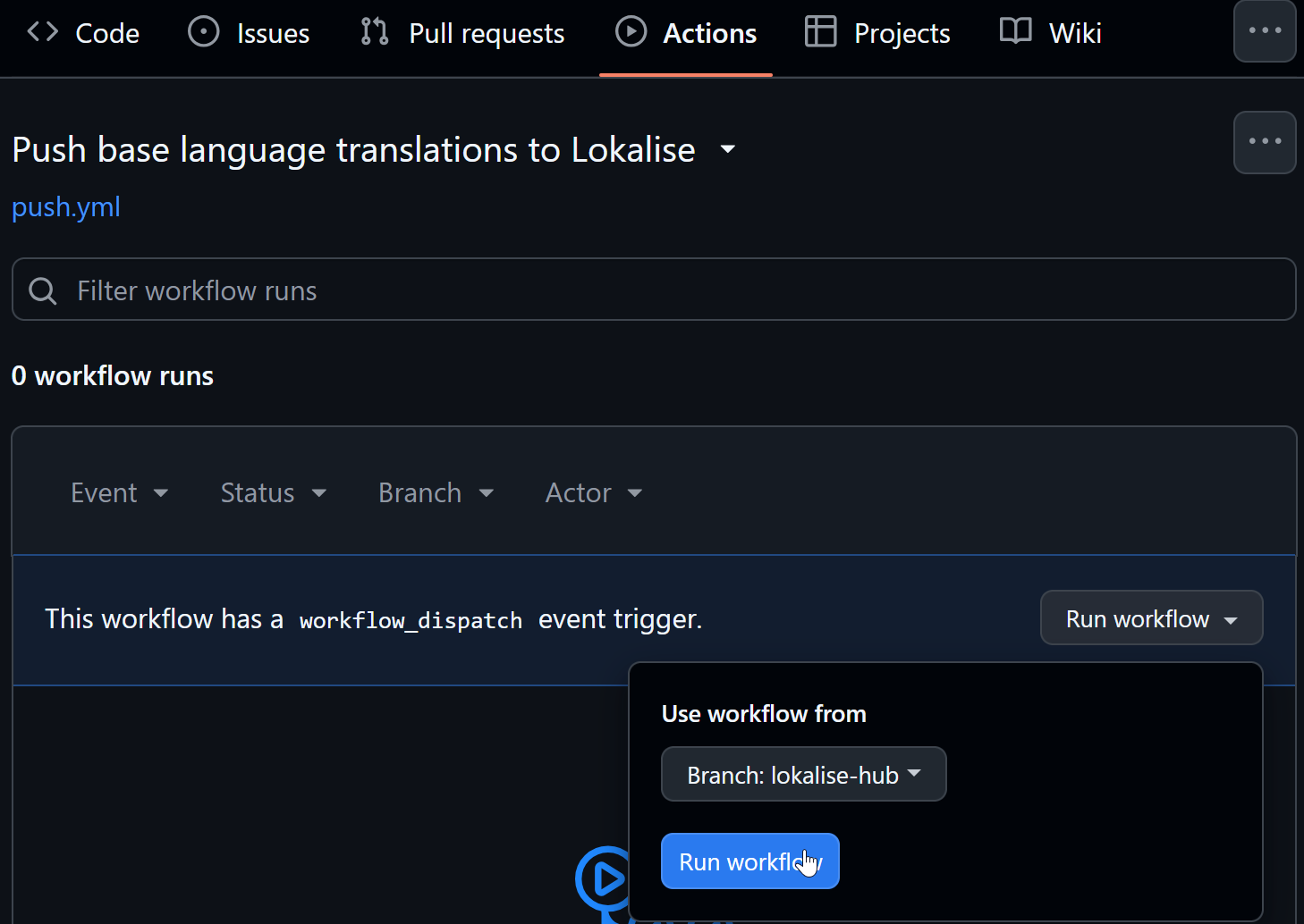 Running push workflow manually on GitHub