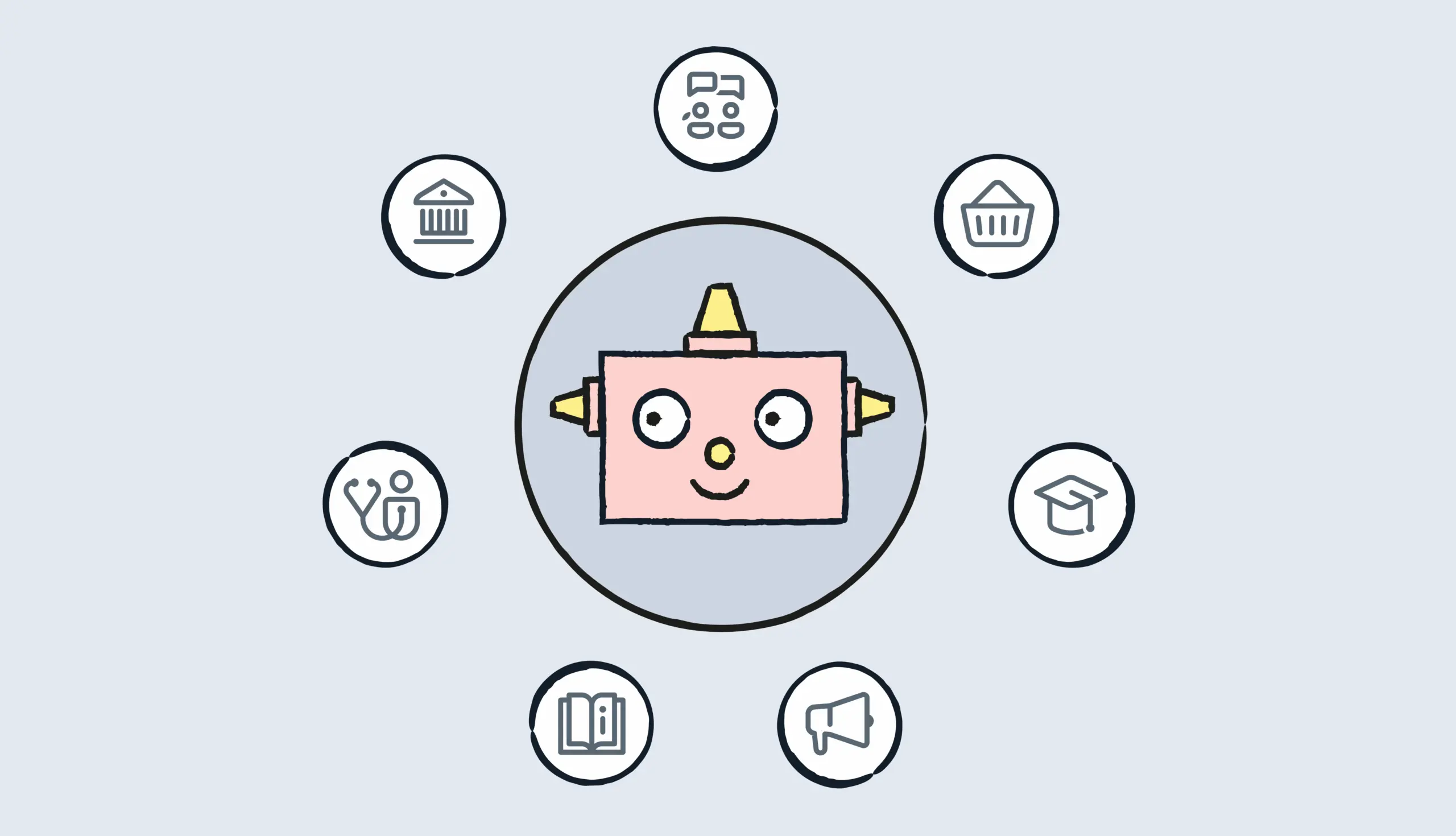 Applications of machine translation with a robot in the middle and different icons around like a bank, a commerce or a book