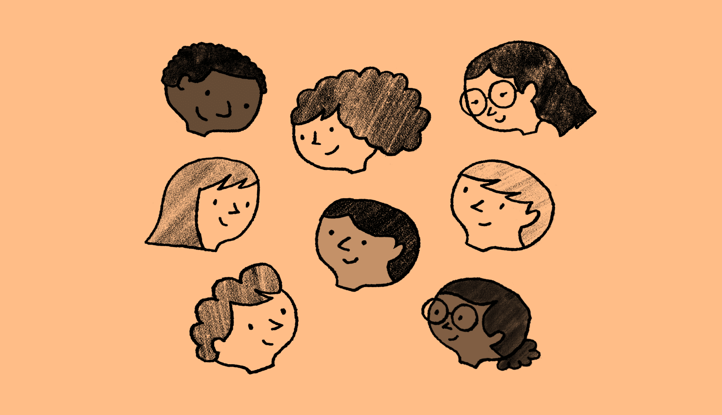 Illustration of various different human faces smiling