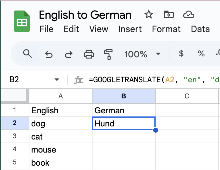 English to German Excel translation