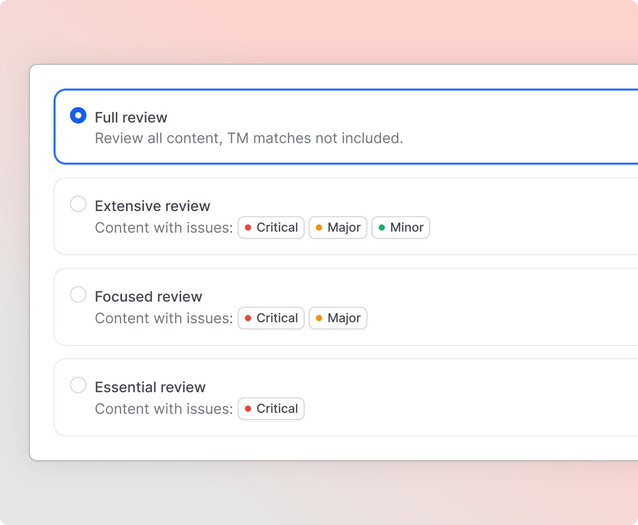 Lokalise translation review settings showing full, extensive, focused, and essential review options with issue severity levels