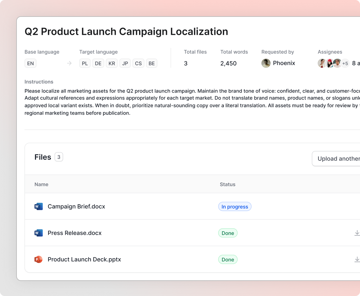 Lokalise dashboard showing product launch campaign localization with project details, files, and translation progress status