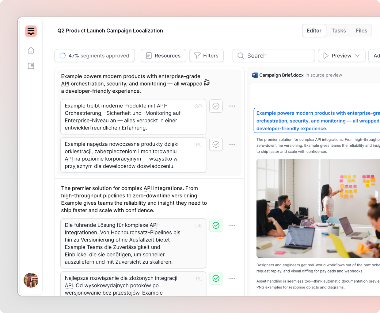 Lokalise multilingual translation editor showing content localization, language variants, and preview of translated assets