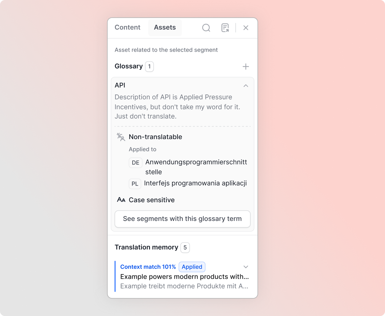 Lokalise glossary and translation memory panel showing term definitions and context matches for consistent localization