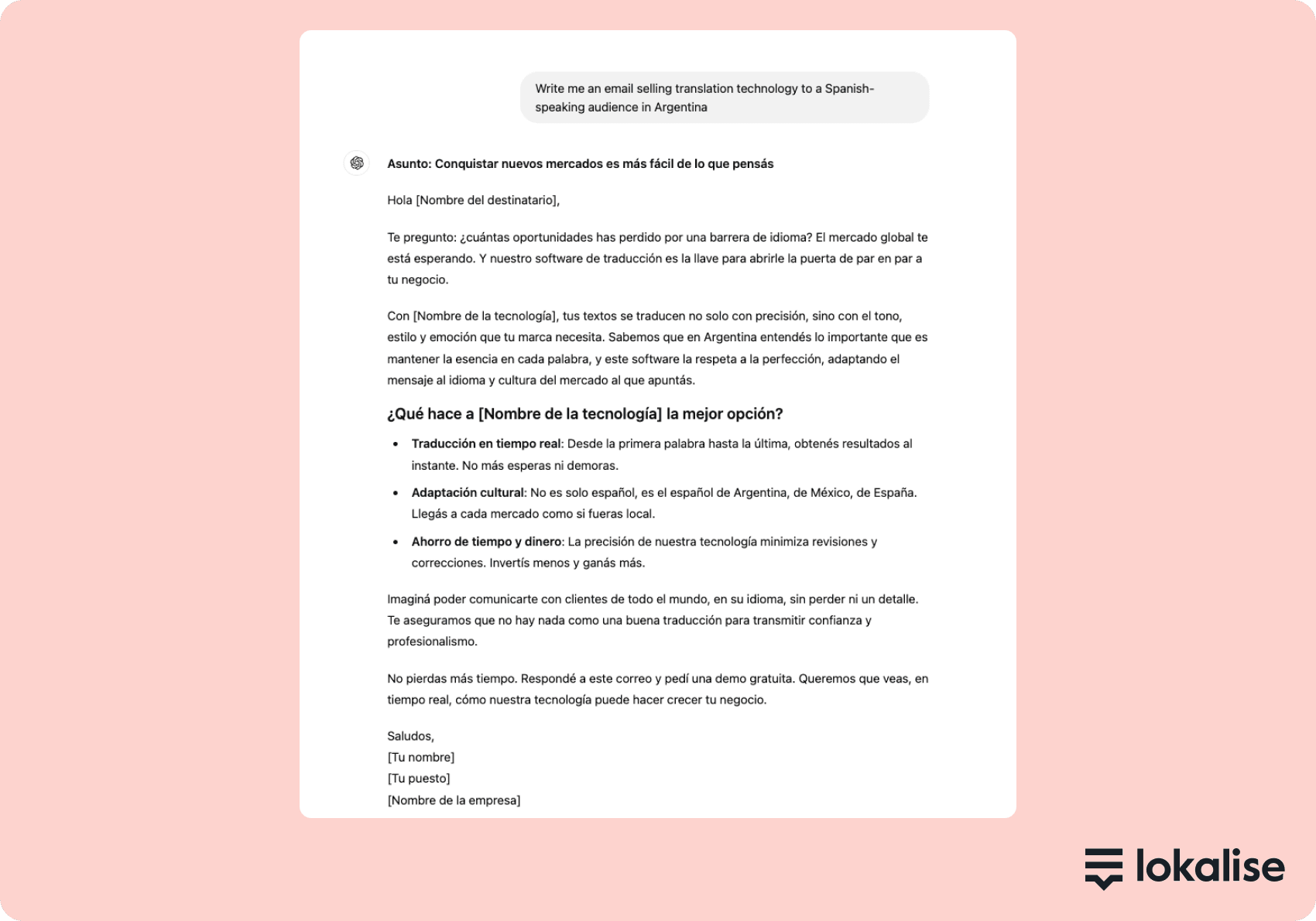 A Spanish language marketing email written by ChatGPT after the prompt, 'write me an email for an Argentine audience selling translation technology.