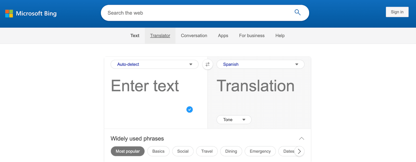 Microsoft Bing website translation service