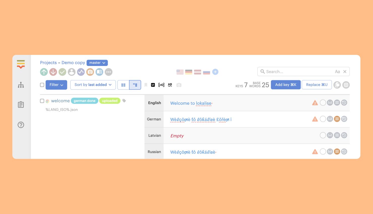 German pseudolocalization of a mobile app project in Lokalise.