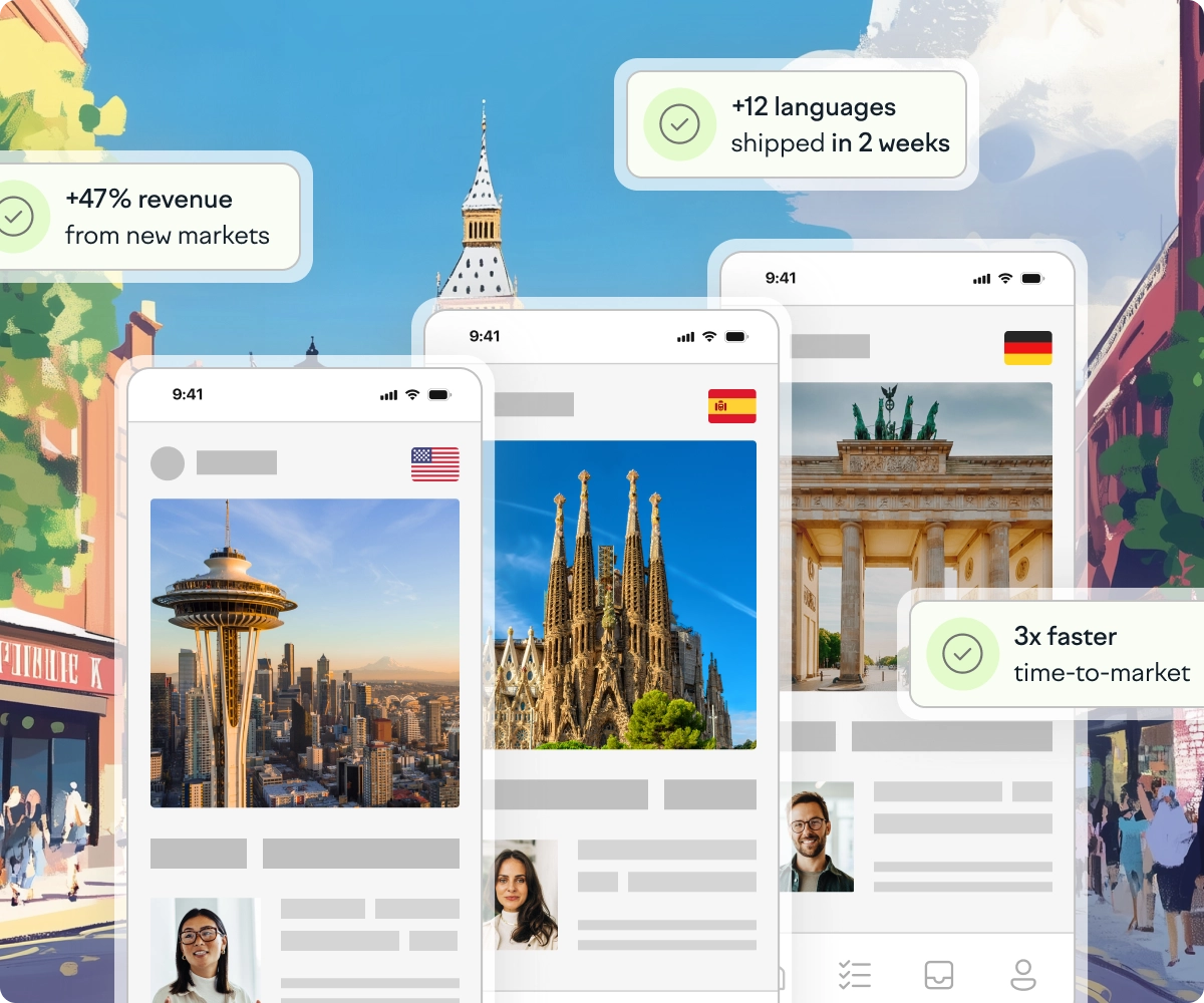Mobile app screens in multiple languages showcasing fast translation speed and localization across global markets