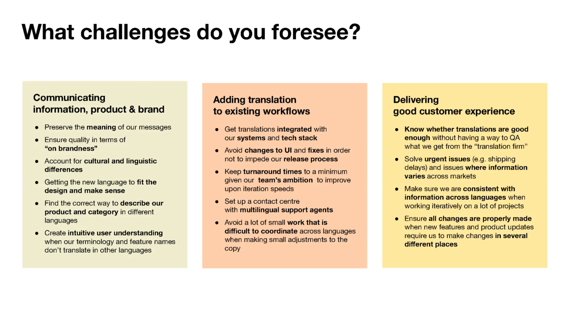 challenges of localization displayed on 3 different columns