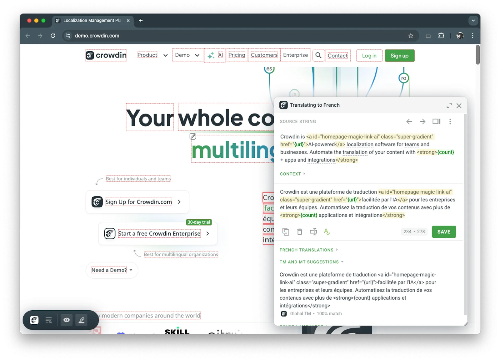 Crowdin's in-context editing tool