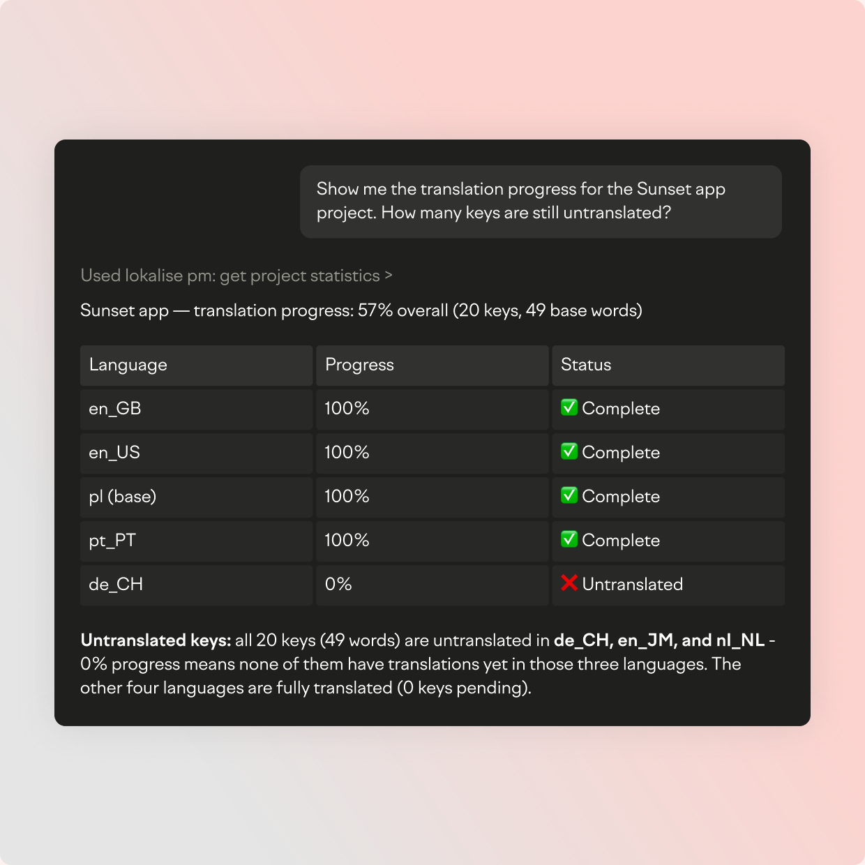 Track translation progress chat example