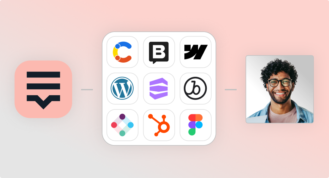 Icons for CMS and marketing tools like WordPress and HubSpot integrated with localization platform and user profile on right