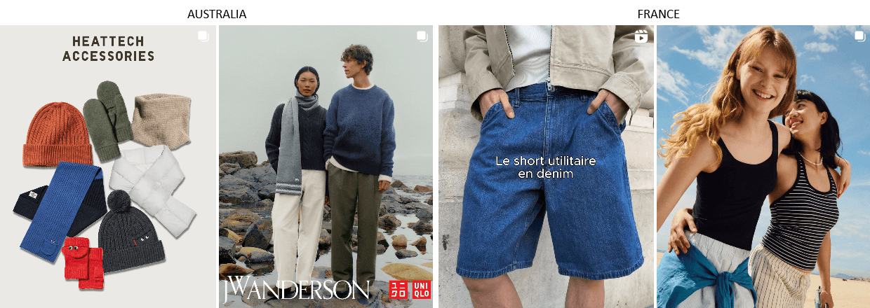 Screenshots showing the difference between Uniqlo's Instagram posts for Australia and France