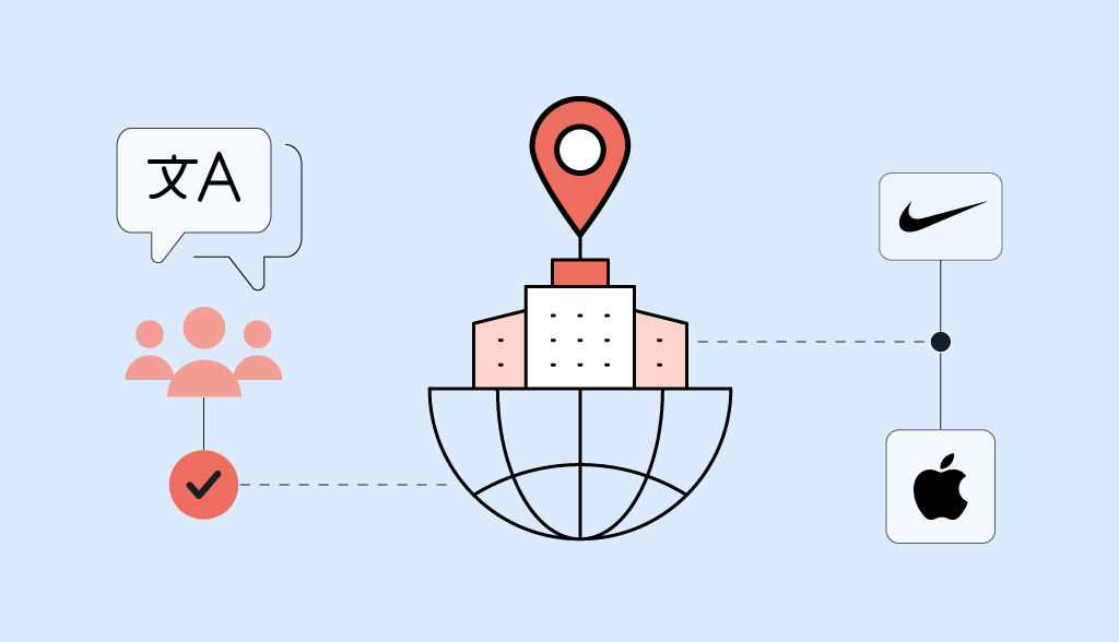 Simple illustration of a globe with a location pin and brand/user icons showing localization.
